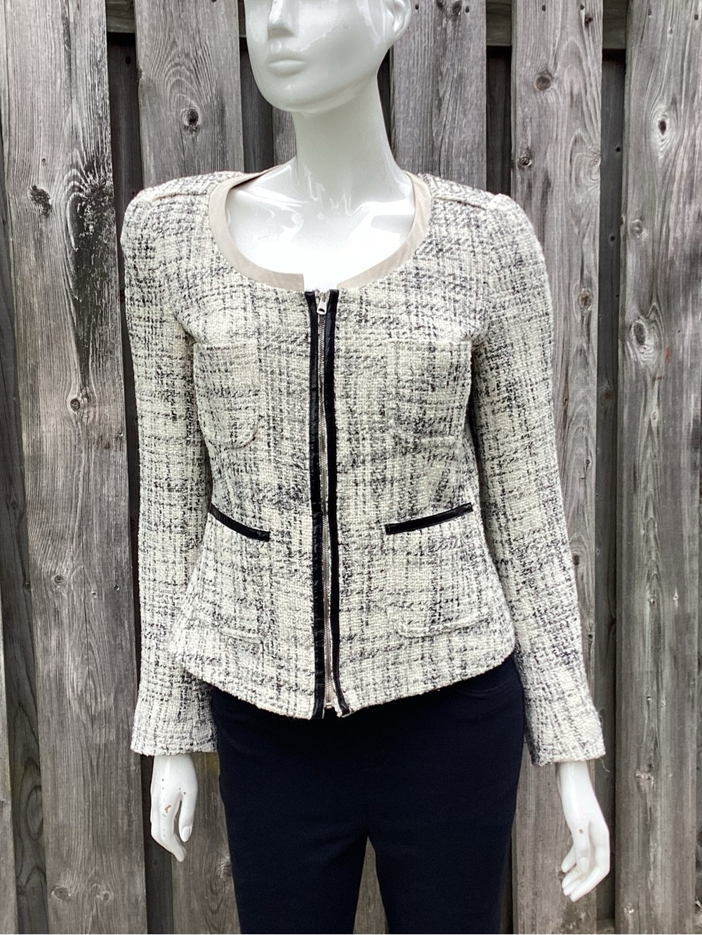 Weekend Max Mara Cream & Black Tweed Zip-Front Jacket